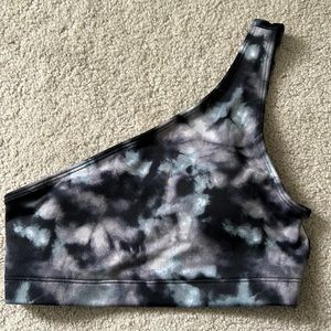 PINK One Shoulder Swim Top, Xs, Tie Dye Black with Grey and Purple
